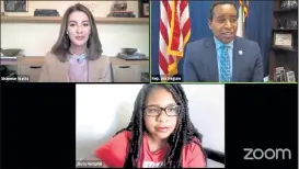  ?? Katie Langford / Staff Writer ?? From top left, Moms Demand Action founder Shannon Watts, U.S. Rep. Joe Neguse, D-lafayette, and Northfield High School senior Jayla Hemphill speak during a virtual panel Friday at the University of Colorado Boulder Conference on World Affairs. The panelists talked about ending gun violence.