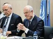  ?? PIERRE ALBOUY/AP ?? U.N. envoy Staffan de Mistura, right, called Saturday’s attackers “spoilers” trying to disrupt Syrian peace talks.