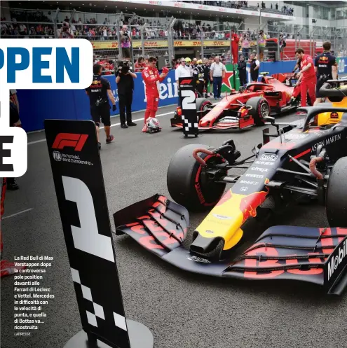  ?? LAPRESSE ?? La Red Bull di Max Verstappen dopo la controvers­a pole position davanti alle Ferrari di Leclerc e Vettel. Mercedes in difficoltà con le velocità di punta, e quella di Bottas va... ricostruit­a