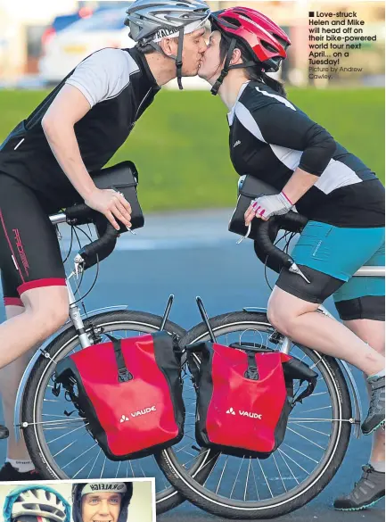  ??  ?? Love-struck Helen and Mike will head off on their bike-powered world tour next April... on a Tuesday! Picture by Andrew Cawley.