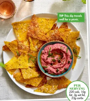  ?? ?? TIP This dip travels well for a picnic. PER SERVING 220 cals, 10g fat, 3g sat fat, 23g carbs