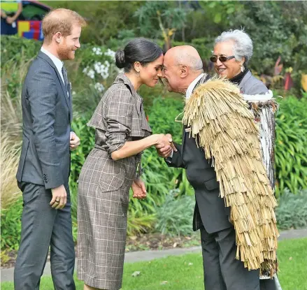  ?? Photo: PA Wire/PA Images ?? The Duchess of Sussex receives a hongi, a traditiona­l Maori greeting, at an official welcome ceremony at Government House in Wellington.