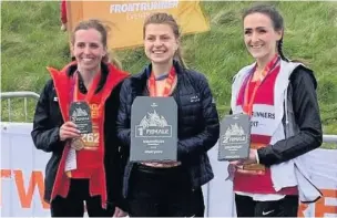  ??  ?? Top, the leading three finishers in the male section of the Great Welsh Marathon: Gethin Davies, Joseph Murray and Richard Foster; below that, the top three finishers in the female section of the Great Welsh Marathon, Katie Warren, Lizzie Dimond and Crystal Goecker.