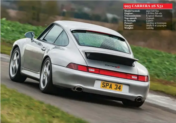  ??  ?? 993 C2S with 3.8litre X51 engine option, derived from the 993 RS. Exciting, particular­ly combined with lowered, uprated suspension