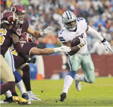  ?? PATRICK SMITH/GETTY IMAGES ?? Cowboys running back Ezekiel Elliott ran for 150 yards and two touchdowns against Washington on Sunday at FedEx Field in Landover, Md., which could end up being his last action for the next few weeks. Another hearing over his six-game suspension looms...