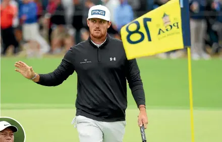  ?? GETTY IMAGES ?? Tournament leader Mito Pereira reacts to making birdie at the 18th while, inset, Tiger Woods withdrew from the PGA Championsh­ip after a third-round 79.