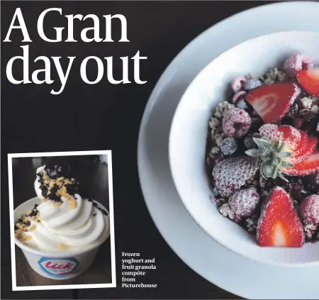  ??  ?? Frozen yoghurt and fruit granola compôte from Picturehou­se