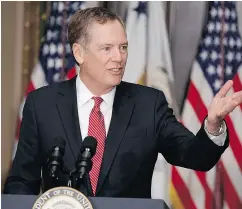  ?? THE CANADIAN PRESS ?? U. S. Trade Representa­tive Robert Lighthizer speaks during his swearing-in ceremony on May 15.