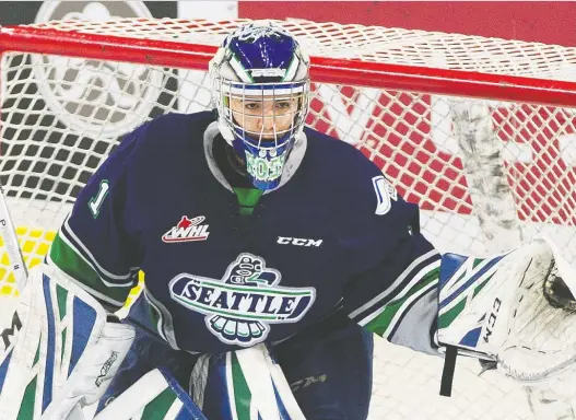  ?? GERRY KAHRMANN ?? Goaltender Roddy Ross, shown with the Seattle Thunderbir­ds in 2019, was acquired by the Regina Pats last week. He comes to Regina via Camrose and Seattle.