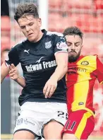  ??  ?? Left: A-jay Leitch-smith takes his unsuccessf­ul penalty; top: Neil Mccann encourages his side from the touchline; above: Lewis Spence is challenged by Steven Lawless; below: Miles Storey scores Partick’s injury-time winner.