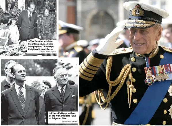  ?? Torquay Herald Express Torquay Herald Express ?? > The Duke on a visit to Paignton Zoo, seen here with pupils of Chudleigh Knighton School, Devon > Prince Philip, president of the World Wildlife Fund at Paignton Zoo