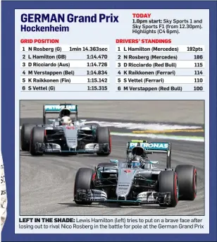  ??  ?? LEFT IN THE SHADE: Lewis Hamilton (left) tries to put on a brave face after losing out to rival Nico Rosberg in the battle for pole at the German Grand Prix