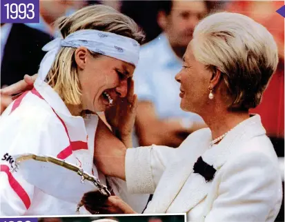  ?? KEVIN LAMARQUE ?? Heartbreak: the Duchess of Kent breaks protocol to console Novotna after Graf’s final victory 1993