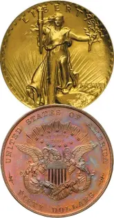  ?? (Images courtesy Harry W. Bass, Jr. Foundation via Heritage Auctions.) ?? Obverse of a 1907 Extremely High Relief Saint-Gaudens double eagle gold coin (top) and reverse of an 1877 “half union” $50 gold coin from the Harry Bass Core Collection.