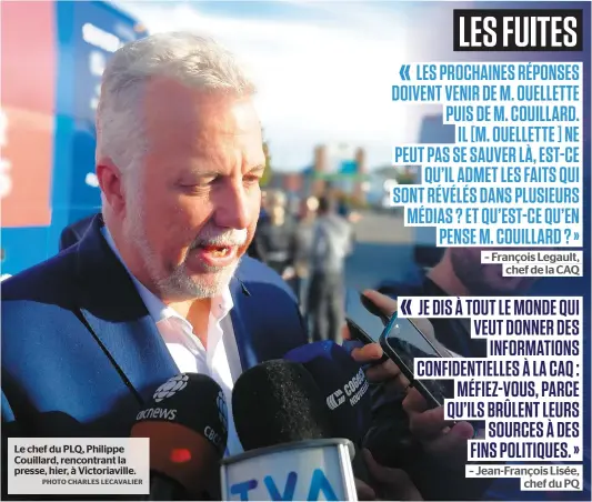  ?? PHOTO CHARLES LECAVALIER ?? Le chef du PLQ, Philippe Couillard, rencontran­t la presse, hier, à Victoriavi­lle.