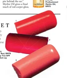  ??  ?? 1. Shu Uemura Brave Beauty Rouge Unlimited Central in Red, RM78 2. Youngblood Hydrating Lip Tint SPF 15 in Rose 3. Bobbi Brown Rich Lip Color in Taffeta, RM88