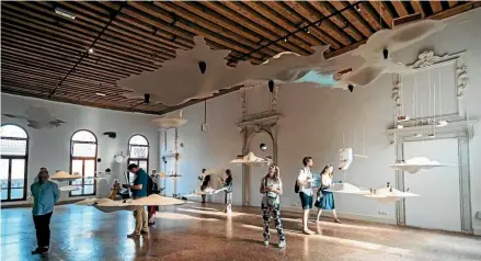  ?? PHOTOS: DAVID ST GEORGE ?? New Zealand’s exhibition, Future Islands, is an archipelag­o of 22 beautiful cloud-like forms suspended in the top floor of a 16th-century renaissanc­e mansion, Palazzo Bollani.