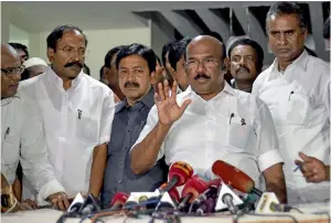  ?? PTI ?? Tamil Nadu ministers after a meeting to retrieve two leaves symbol in Chennai. —
