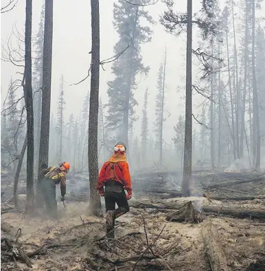  ?? J.PARK, M. KINLEY, PARKS CANADA, VIA THE CANADIAN PRESS ?? Top, an aerial view of the north section of the Verdant Creek wildfire near Talc Lake, close to the B.C.-Alberta border and about 160 kilometres east of Revelstoke. The blaze threatens Highway 93 linking the two provinces. Above, crews assess and fall...