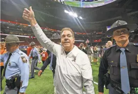  ?? BRETT DAVIS/ USA TODAY SPORTS ?? Alabama coach Nick Saban celebrates after defeating Georgia in the 2023 SEC title game.