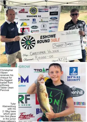  ?? ?? Christophe­r Viljoen receives his cheque for the biggest barbel from eShowe Tabler Dean Percival
Tyler Kleinenbur­g with his 2.16kg bass which gave him first place in the junior bass category