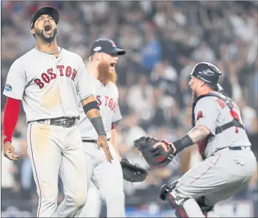  ?? JULIE JACOBSON — ASSOCIATED PRESS ?? Boston’s Eduardo Nunez, left, Craig Kimbrel, center, and Christian Vazquez celebrate clinching the ALDS on Tuesday.