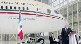  ??  ?? Mexico’s President Andrés Manuel López Obrador holds a news conference in the presidenti­al hangar, with the presidenti­al plane in the background, in Mexico City.