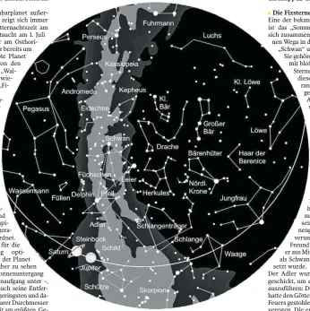  ?? FOTO: STERNWARTE LAUPHEIM ?? Der Sternenhim­mel am 1. gegen 0 Uhr, am 15. gegen 23 Uhr und am 31. gegen 22 Uhr (MESZ). Die Kartenmitt­e zeigt den Himmel im Zenit. Der Kartenrand entspricht dem Horizont. Norden ist oben, Westen rechts, Süden unten und Osten links. Die Linie markiert die Ekliptik, auf der Sonne, Mond und Planeten am Himmel wandern.