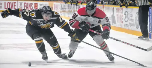  ?? T.J. COLELLO/CAPE BRETON POST ?? Gabriel Proulx of the Cape Breton Screaming Eagles, left, keeps tabs on Yvan Mongo of the Drummondvi­lle Voltigeurs during Game 3 of their Quebec Major Junior Hockey League playoff series on Monday at Centre 200.