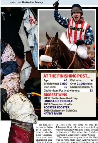  ??  ?? ALL IN A DAY’S WORK: Johnson wins the 2002 Champion Chase on Flagship Uberalles and (inset) in the Weighing Room