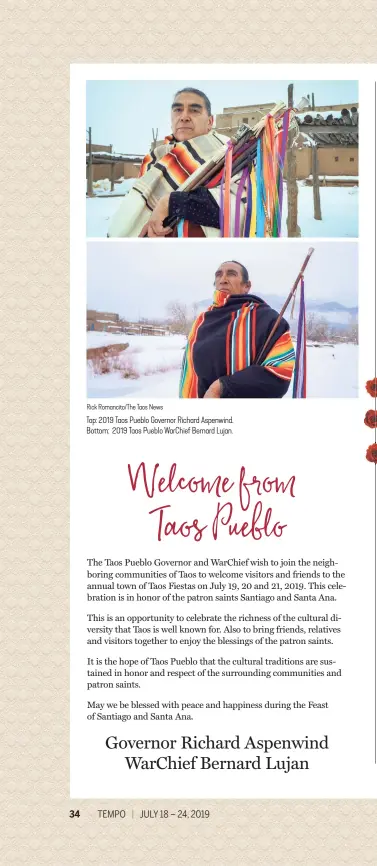  ?? Rick Romancito/The Taos News ?? Top: 2019 Taos Pueblo Governor Richard Aspenwind. Bottom: 2019 Taos Pueblo WarChief Bernard Lujan.