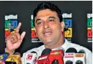  ??  ?? UNP MP Nalin Bandara Jayamaha speaks at a media briefing where he said MP Mahinda Rajapaksa is no longer entitled to the security detail given to a Prime Minister as he does not hold such a post now. Pic.by Nisal Baduge