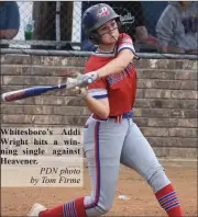  ?? PDN photo by Tom Firme ?? Whitesboro’s Addi Wright hits a winning single against Heavener.
Thursday schedule at Wister: Howe vs. Heavener 2 p.m., Whitesboro vs. LeFlore 3:30 p.m., winners 5 p.m., winner vs. Wister 6:30 p.m., winner vs. Pocola 8 p.m.