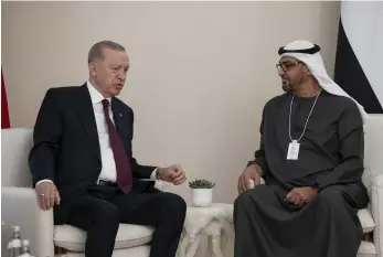  ?? Hamad Al Kaabi / UAE Presidenti­al Court ?? President Sheikh Mohamed meets Turkey’s President Recep Tayyip Erdogan on the sidelines of the World Government­s Summit in Dubai yesterday