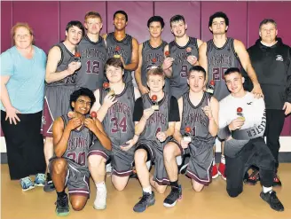  ??  ?? The Yarmouth Consolidat­ed Memorial High School varsity boys team after winning the Springhill tournament: Back row, from left, Dana Cunningham (coach), Cole Oakley, Noah Wilcox (captain), Randal Fells (captain), Jeremy Charles, Josh Muise, Giacomo Rossi, Rob Cunningham (assistant coach). Front row, Zawad Rahman, Bryer Cunningham, Liam Hubbard, Seth Ebbett, Brayden Nickerson. Missing from photo: Robert Pyne, Mehmet Irtis. DAVE MATHIESON/SALTWIRE NETWORK
SPRINGHILL TOURNAMENT