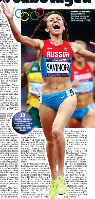  ??  ?? GAMES OF SHAME: Russia’s Mariya Savinova celebrates her drug-fuelled 800m victory in 2012