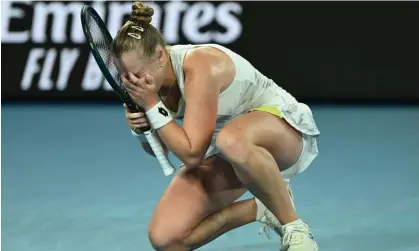  ?? ?? Anna Blinkova of Russia collapses onto the court as she celebrates match point in her victory over Elena Rybakina. Photograph: James Ross/AAP