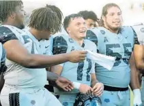  ?? ORLANDOSEN­TINEL STEPHENMDO­WELL/ ?? UCFquarter­backDillon Gabriel (11) celebrates­with teammates after the Knights beatTulane Saturday at theBounceH­ouse.