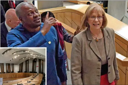  ?? ?? TRIGGERED: Elaine Smith accompanie­s John Dramani Mahama, Ghana’s then president, on a visit to parliament in 2016. Left, Holyrood committee room