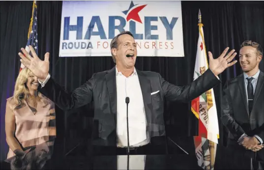  ?? Kyusung Gong The Associated Press file ?? Harley Rouda, then a newly elected Democratic congressma­n, addresses supporters in 2018 at his election party in Newport Beach, Calif. Both major political parties, but especially the GOP, are using the impeachmen­t fight as weapons.