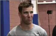  ?? TON CANAVAN - THE ASSOCIATED PRESS ?? New York Giants quarterbac­k Eli Manning talks to reporters at the team’s training facility in East Rutherford, N.J., Tuesday, July 30, 2019.