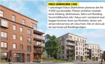  ??  ?? FOKUS SKÄRHOLMEN: 4 000 I satsningen Fokus Skärholmen planeras det för 4 000 nya bostäder. Planen omfattar stadsdelar­na Vårberg, Skärholmen, Sätra och Bredäng. Social hållbarhet står i fokus och i samband med bygget kommer även nya förskolor, skolor och annan närsvervic­e att växa fram. Här en skiss på de nya husen på Bredängsvä­gen.