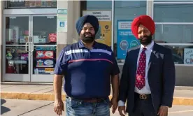  ?? Caitlin O'Hara/for The Guardian ?? Sukhwinder Singh Sodhi, son of Balbir Singh Sodhi, left, and his uncle Rana Singh Sodhi stand for a portrait at Mesa Star, the store where Balbir Singh Sodhi was killed. Photograph:
