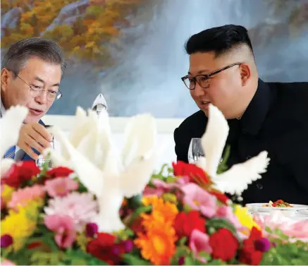  ?? PHOTO: AP ?? Deal: North Korean leader Kim Jong-un (right) and South Korean President Moon Jae-in in Pyongyang.