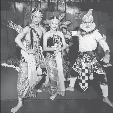  ??  ?? The main characters of the Ramayana Ballet – Prince Rama, Dewi Shinta and a white monkey, Hanuman, in a photo-call before the show.