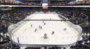  ?? Christian Abraham / Hearst Connecticu­t Media ?? AHL hockey action between the Sound Tigers and Lehigh Valley at the Webster Bank Arena in Bridgeport on March 10, 2018. The Sound Tigers announced that they will play a 24-game schedule with no fans for this season.