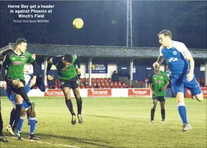  ?? Picture: Chris Davey FM5019184 ?? Herne Bay get a header in against Phoenix at Winch’s Field