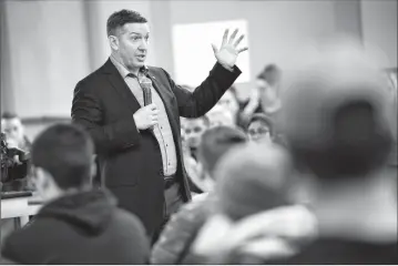  ?? Herald photo by Ian Martens ?? Child advocate and former NHLer Sheldon Kennedy speaks to students during a presentati­on last week at Lethbridge College. @IMartensHe­rald