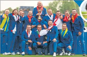  ??  ?? Captain Thomas Bjorn celebrates with his European stars after victory in Paris in 2018, a Ryder Cup brought into living rooms by Ewen Murray (inset)