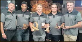  ??  ?? TAFEL Lager Griquas held their end of season awards ceremony at the Halfway House Hotel on Tuesday. Seen here are the winners of the various trophies (from left): Peter Engledow (head coach), Wendal Wehr (forward of the season), Tertius Kruger...